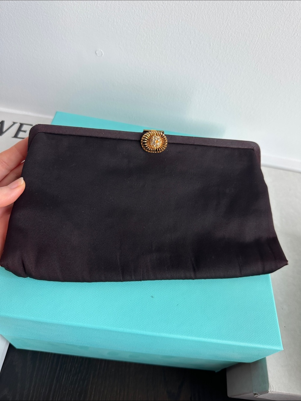 Vintage MM Peau de Faille Black Satin Clutch with Gold Jewel Accent